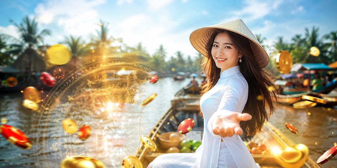 Không gian casino giải trí miền Mekong với áo dài và người dùng Việt